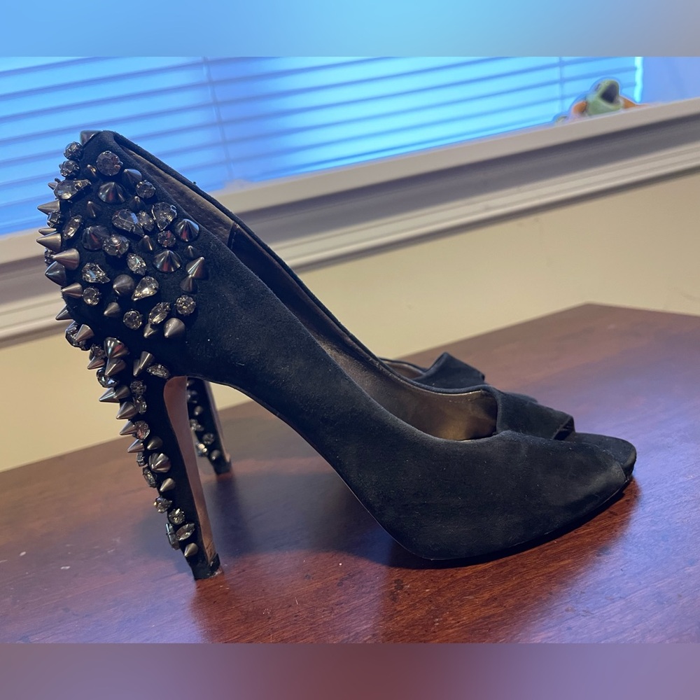 Sam Edelman Black Suede Peep-Toe Heels with Stud & Crystal Embellished Heel